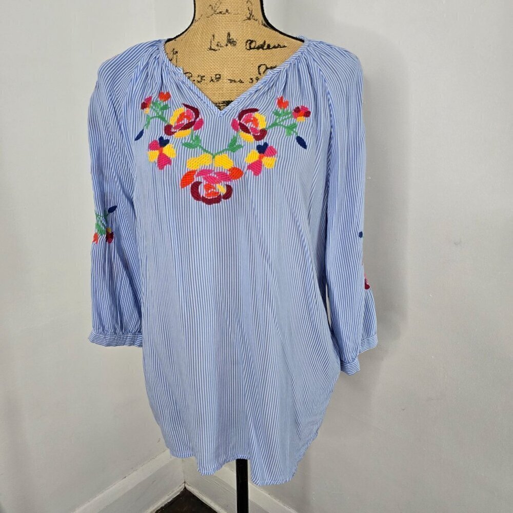 Artisan NY Blue Striped Flowy Colorful Floral Embroidery Boho Top - Picture 12 of 12